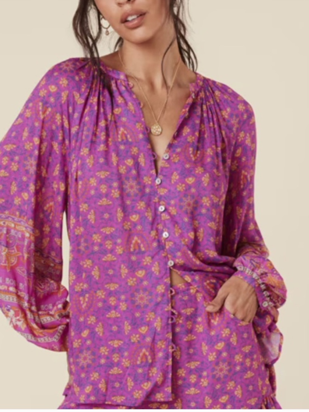 Spell Madame peacock Fuchsia Floral Button-Front Boho Top size L
